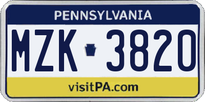 PA license plate MZK3820