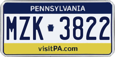 PA license plate MZK3822