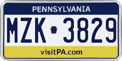PA license plate MZK3829