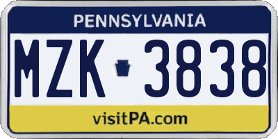 PA license plate MZK3838