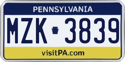 PA license plate MZK3839