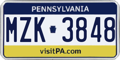 PA license plate MZK3848