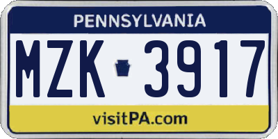 PA license plate MZK3917