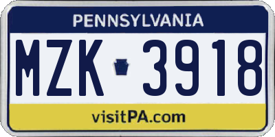 PA license plate MZK3918