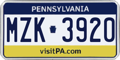 PA license plate MZK3920