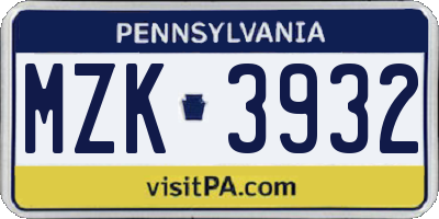 PA license plate MZK3932