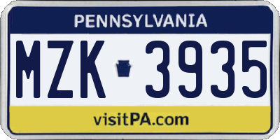 PA license plate MZK3935