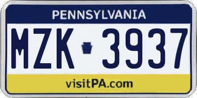 PA license plate MZK3937