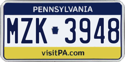 PA license plate MZK3948