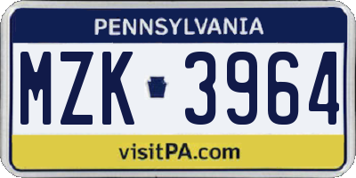 PA license plate MZK3964