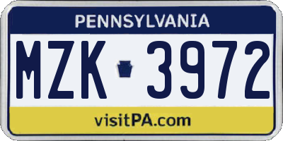 PA license plate MZK3972