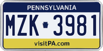 PA license plate MZK3981