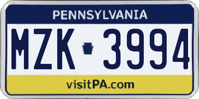 PA license plate MZK3994