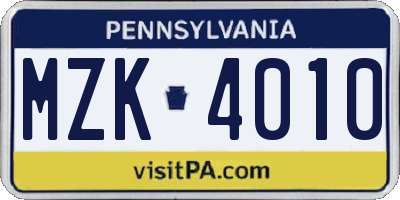 PA license plate MZK4010