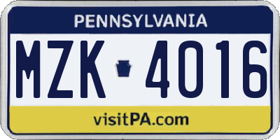 PA license plate MZK4016
