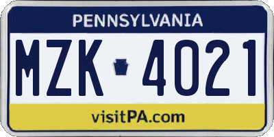 PA license plate MZK4021