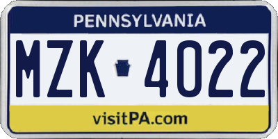 PA license plate MZK4022