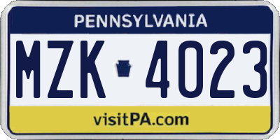 PA license plate MZK4023