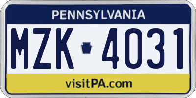 PA license plate MZK4031