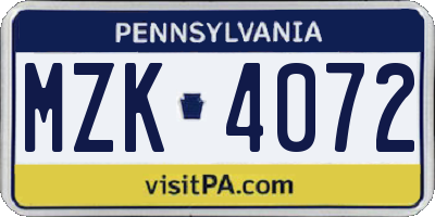 PA license plate MZK4072
