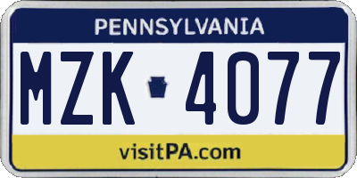 PA license plate MZK4077