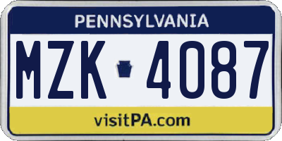 PA license plate MZK4087