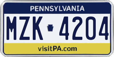 PA license plate MZK4204