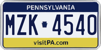 PA license plate MZK4540