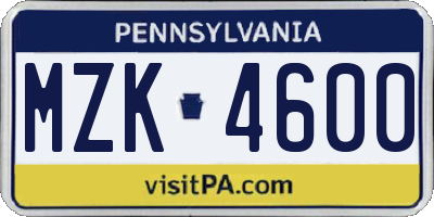PA license plate MZK4600
