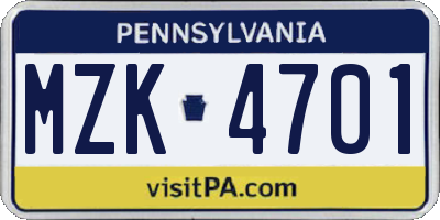 PA license plate MZK4701