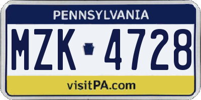 PA license plate MZK4728