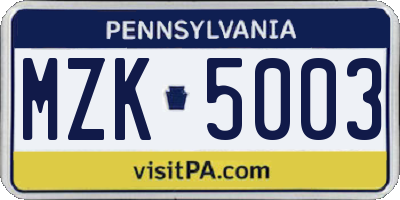 PA license plate MZK5003