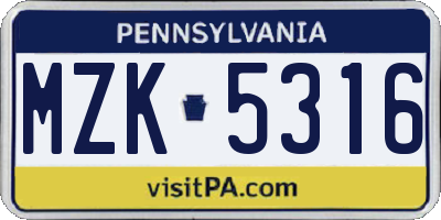 PA license plate MZK5316