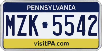 PA license plate MZK5542