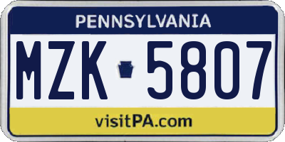 PA license plate MZK5807