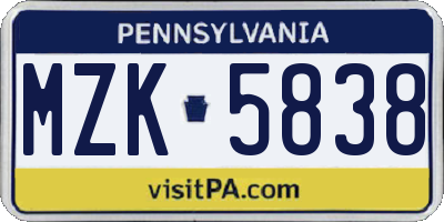 PA license plate MZK5838