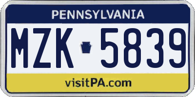 PA license plate MZK5839