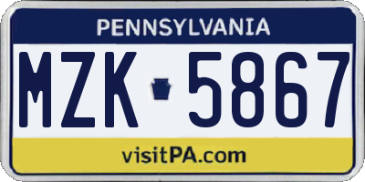 PA license plate MZK5867
