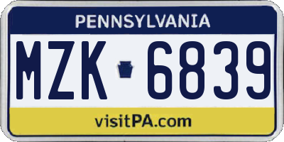 PA license plate MZK6839