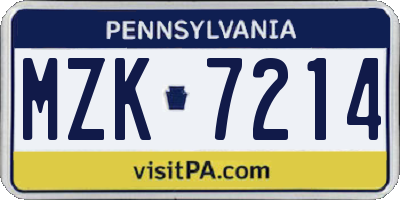 PA license plate MZK7214