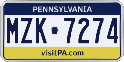 PA license plate MZK7274