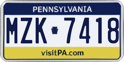 PA license plate MZK7418