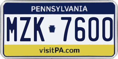 PA license plate MZK7600