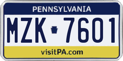PA license plate MZK7601