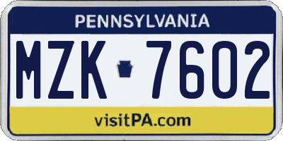 PA license plate MZK7602