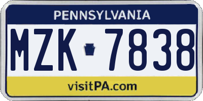 PA license plate MZK7838