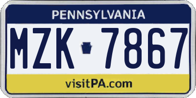 PA license plate MZK7867
