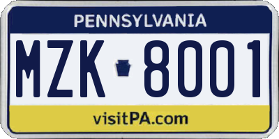 PA license plate MZK8001