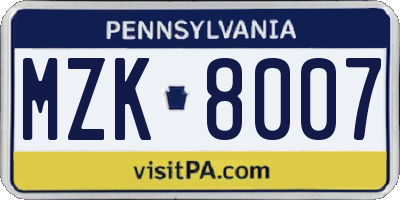 PA license plate MZK8007