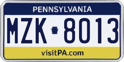 PA license plate MZK8013